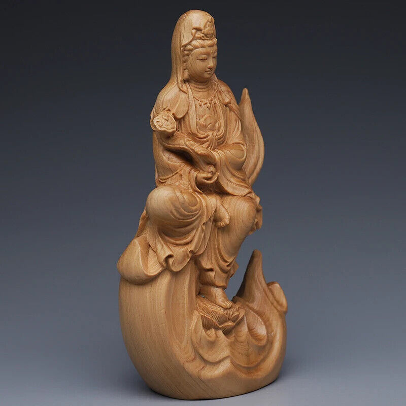 Wood Carving Flame Guanyin Decorative Statue Chinese Feng Shui Bedroom Figurines