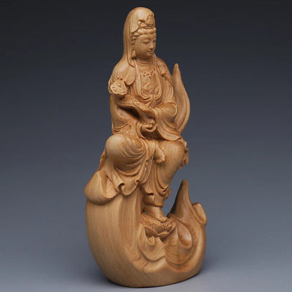 Wood Carving Flame Guanyin Decorative Statue Chinese Feng Shui Bedroom Figurines
