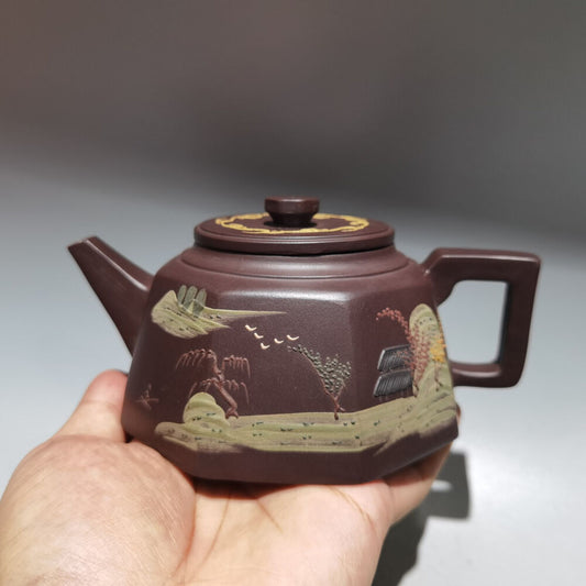 Chinese Yixing Zisha Clay Handmade Exquisite Teapot（八方泥绘壶 底款：金鼎商标）