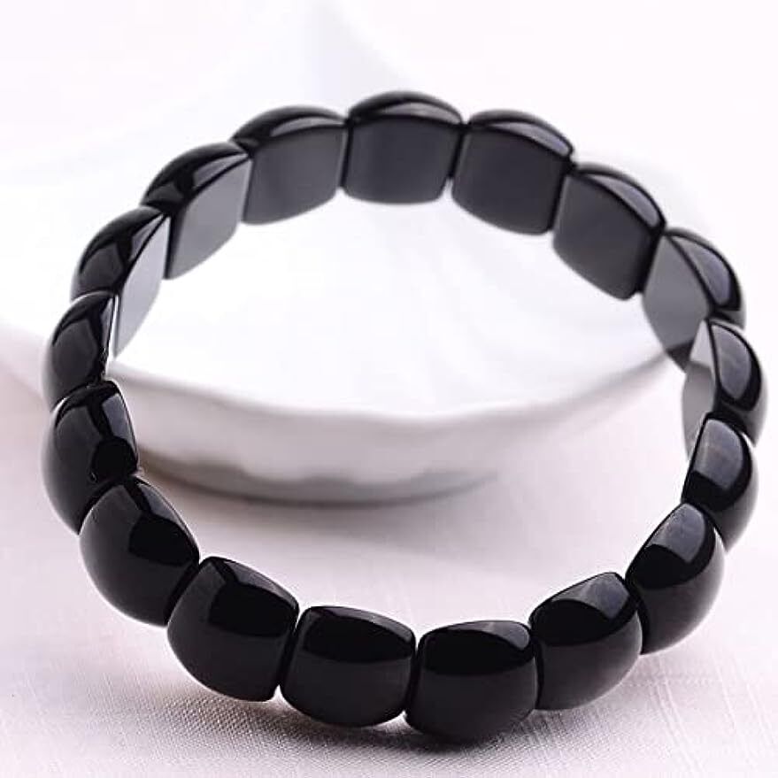 Women Bracelet Black Obsidian Crystal Flat Beads Stretch Hand Row Elastic String