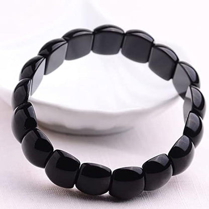 Women Bracelet Black Obsidian Crystal Flat Beads Stretch Hand Row Elastic String