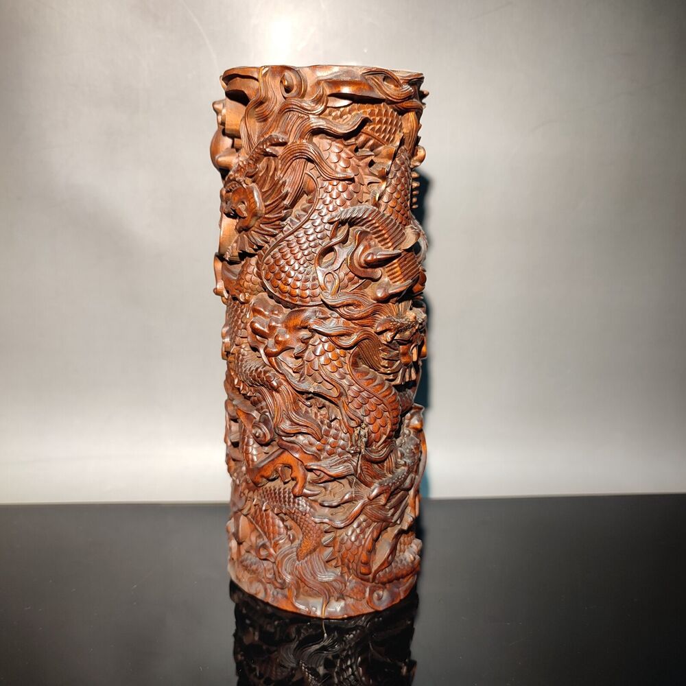 7"dragon statue desk study room chinese wood brush pot wooden decor carving home