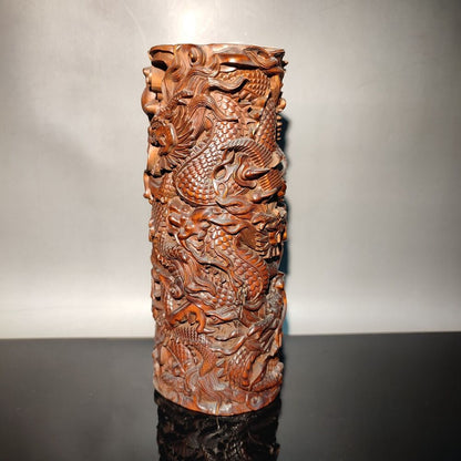 7"dragon statue desk study room chinese wood brush pot wooden decor carving home