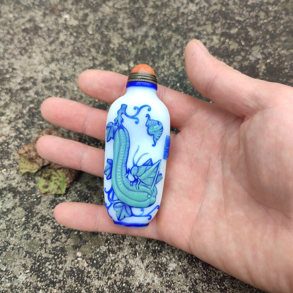 Peking Glass Snuff Bottle Chinese Autumn Eggplant Flower Statue Beautiful Carved