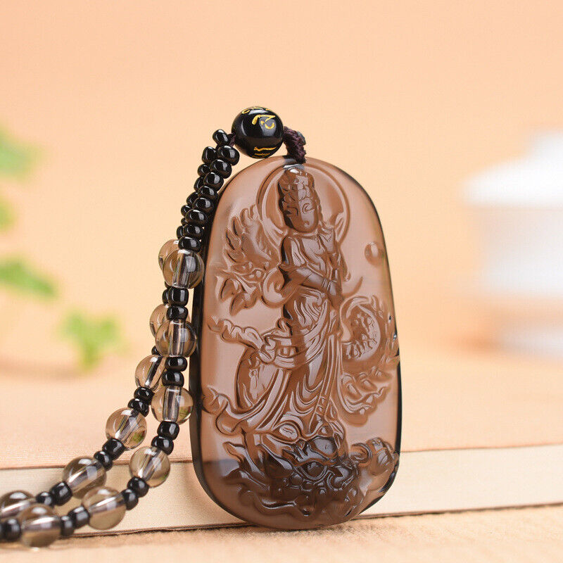 Natural Ice Obsidian Jade Pendant Beads Cord Necklace Buddha Guan Yin Charm