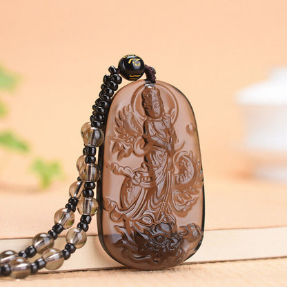 Natural Ice Obsidian Jade Pendant Beads Cord Necklace Buddha Guan Yin Charm
