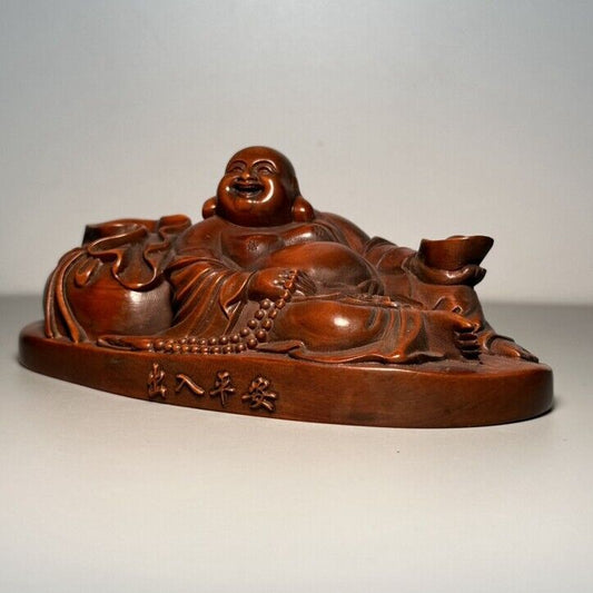 Vintage Chinese Boxwood Carving Laughing Buddha Statue Wooden Figurine Decor Art