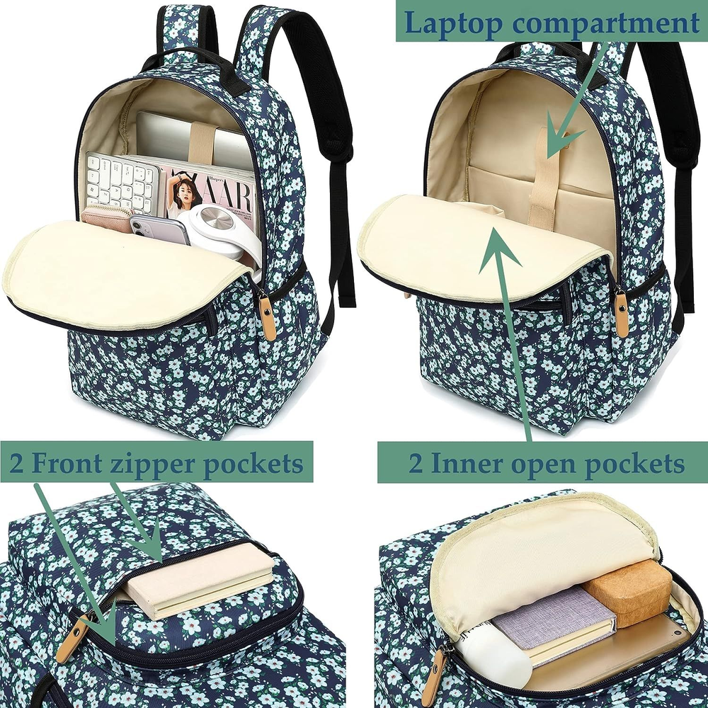 H HIKKER-LINK Womens Floral Laptop Backpack Casual Shoulder Bag Blue White-fr