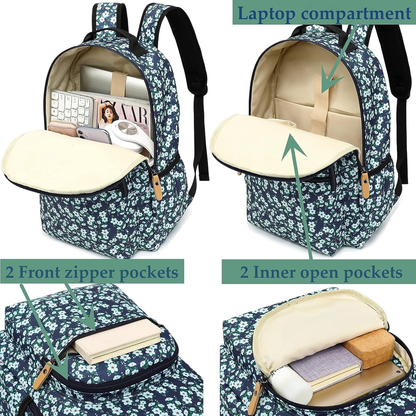H HIKKER-LINK Womens Floral Laptop Backpack Casual Shoulder Bag Blue White-fr