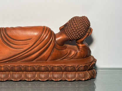 Chinese Wooden Carving Boxwood Reclining Buddha Statue Sculpture Home Decor Art