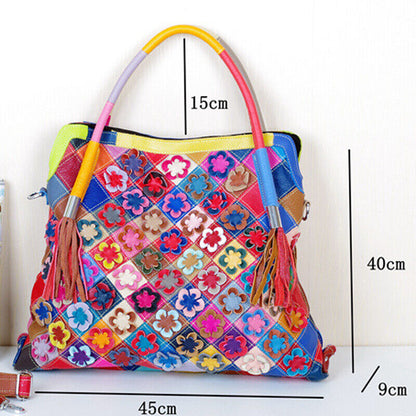 100% Genuine Leather Colorful Floral Patchwork Handbag Women's Tote Shoulder Bag