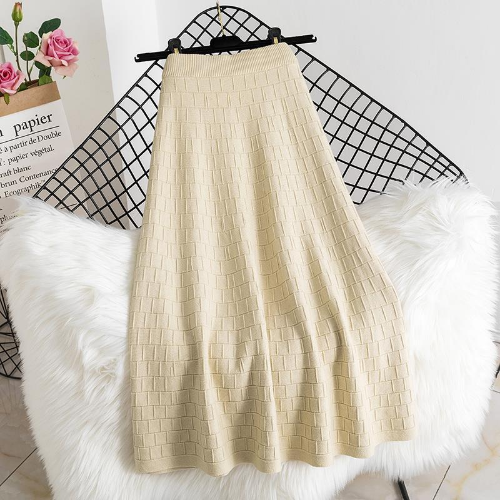 Elastic High Waist Knitted Skirt Women Plaid Solid Color A-line Bag Hip Skirt