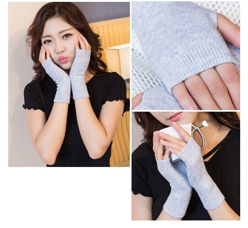 Women Winter Gloves Cashmere Knitted Cotton Fingerless Warm Stretch Half Mittens