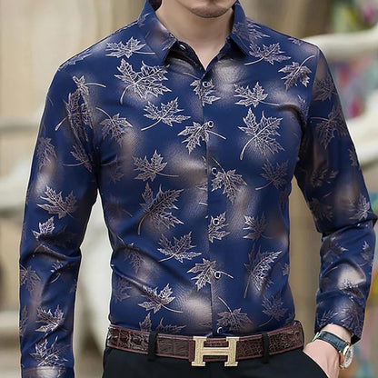 Moda Camisa Para Hombre de Vestir Mangas Largas Hojas de Arbol Ropa Fina
