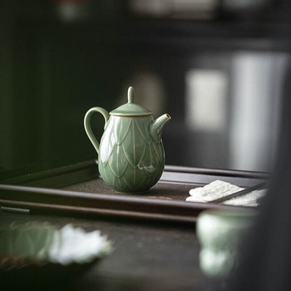 180ml Yue kiln porcelain tea pot with ball shaped infuser holes lotus relief pot