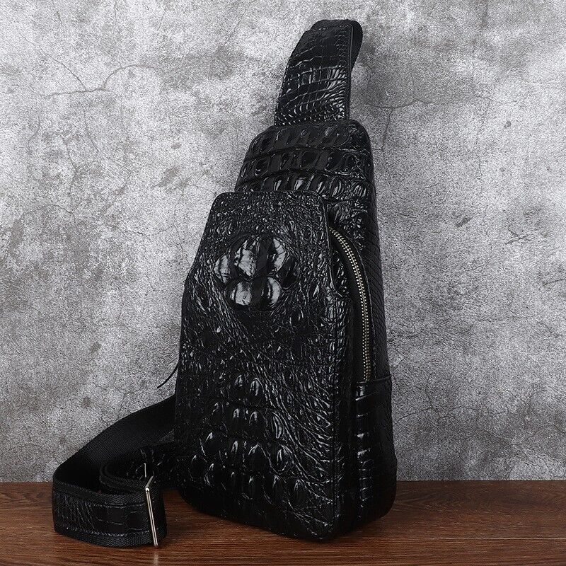 Black Alligator Crocodile Skin Leather Sling Backpack Men's Luxury Crossbody bag