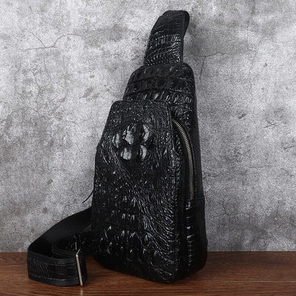 Black Alligator Crocodile Skin Leather Sling Backpack Men's Luxury Crossbody bag