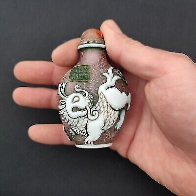 Vintage peking glass snuff bottle collection chinese dragon statue kylin overlay