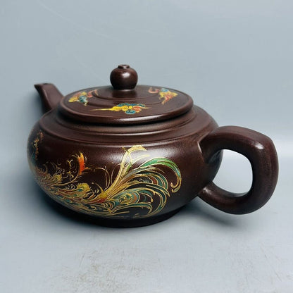 Chinese Yixing Purple Clay Teapot Zisha Ceramic Painted Fine Peacock Tea Set Art