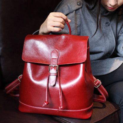 Genuine Leather Women's Drawstring Backpack Travel Bag Oil wax Leather Rucksack