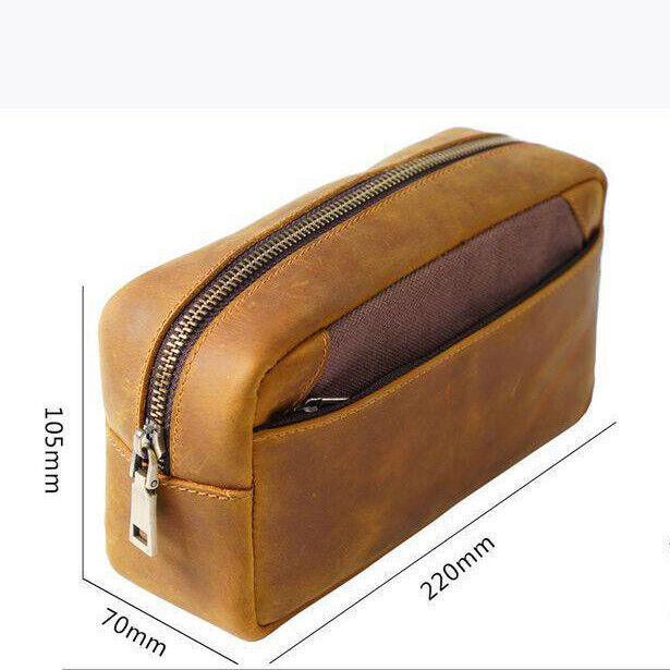 Handmade Cowhide Leather Pen Pouch Zipper Pencil Case Stationery Storage Pen Bag