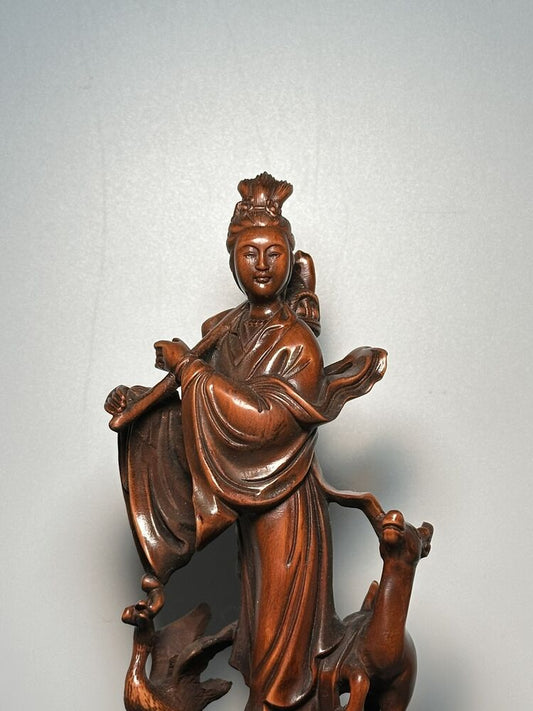 Chinese Vintage Boxwood Carved Deer Crane Pretty Woman Statue Wood Sculpture Art