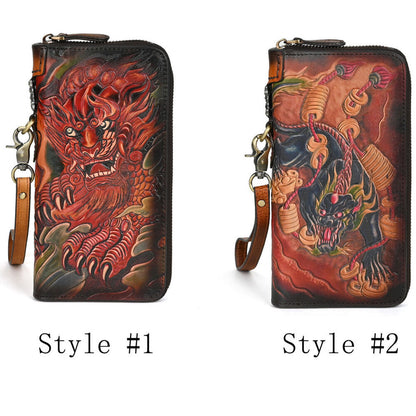 Genuine Leather Carving Crafted Vintage Long Wallet Handheld Bag Clutch Bag Men