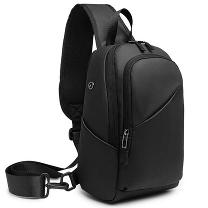 Mens Black Sling Backpack Oxford cloth Waterproof Crossbody Bag USB Port Outdoor
