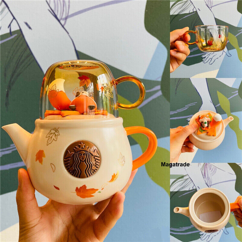 Starbucks Autumn Forest Fox Ceramic Teapot Cup Set Maple Leaf