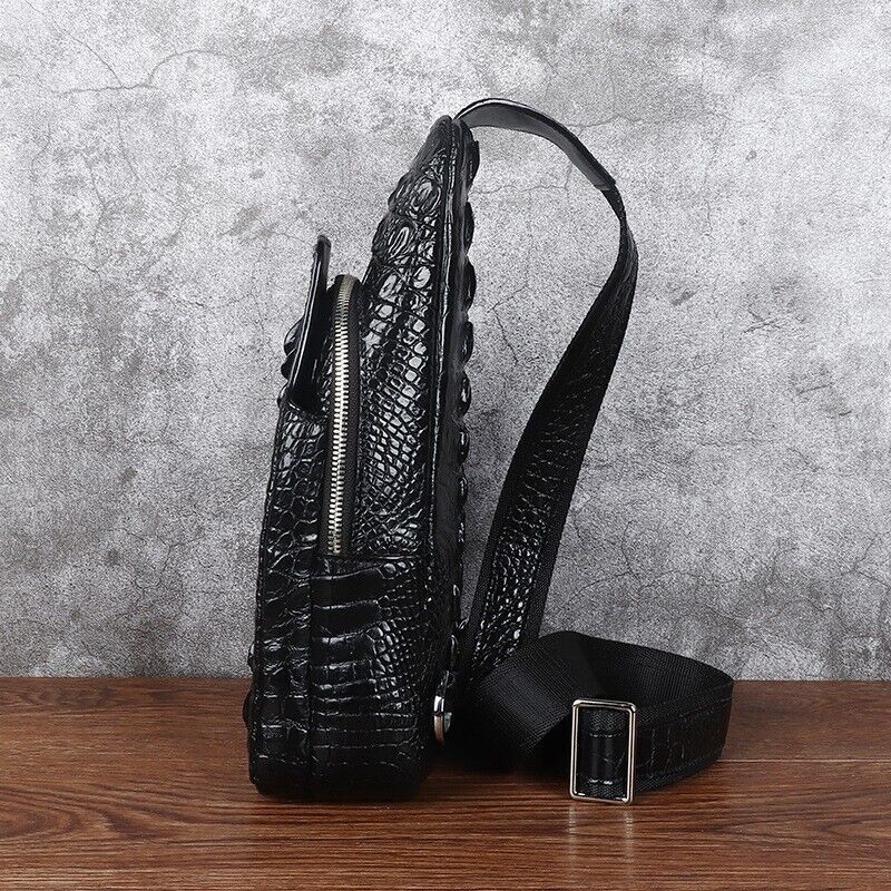 Black Alligator Crocodile Skin Leather Sling Backpack Men's Luxury Crossbody bag