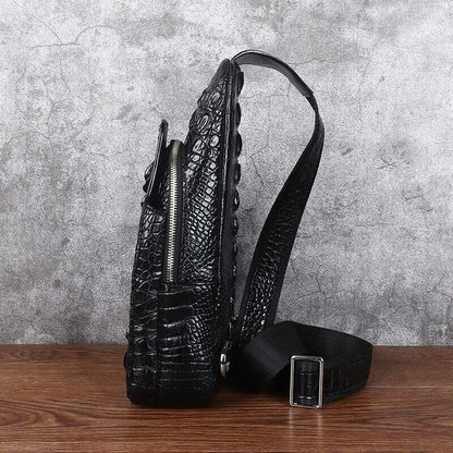 Black Alligator Crocodile Skin Leather Sling Backpack Men's Luxury Crossbody bag
