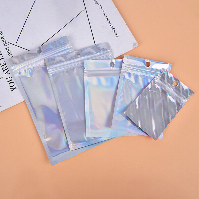 10x Iridescent Zip lock Pouches Cosmetic Plastic Laser Holographic Zipper Bag-ca
