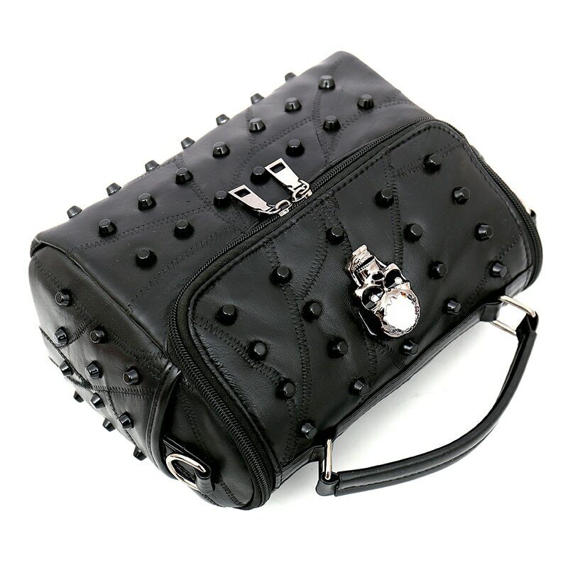 Real Split Sheep Leather Messenger Bag Rivet Skull Handbag Travel Crossbody