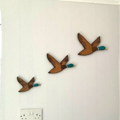 Mallard Duck Wall Art 3Pcs Flying Birds Decor Wooden Artwork Sculptures Pendants