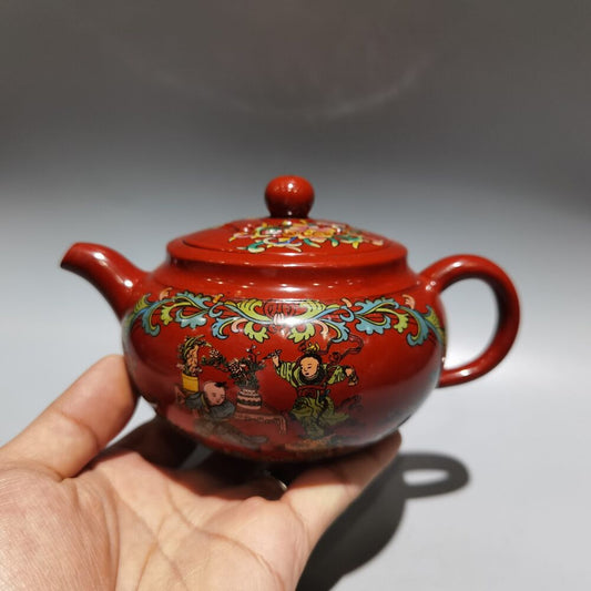 vintage China yixing purple clay teapot zisha ceremony enamel figure teaware art