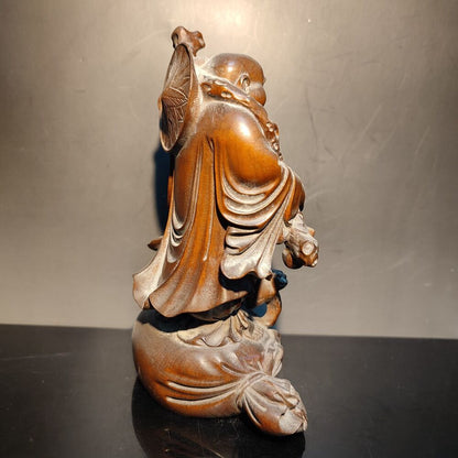 Boxwood carving wooden laughing buddha Amitabha monk statue home decor figurines