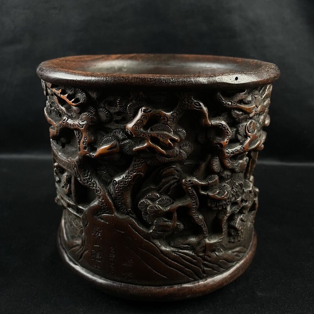 chinese bamboo carving antique carved brush pot Figurines wood statue pine money