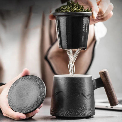 Tea Mugs Ceramic Tea Coffee Cup Beer Mug Infuser Lid Wooden Handle Tableware