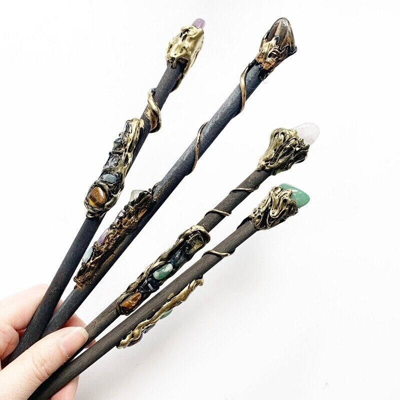 Witch Magic Sticks Clear Quartz Point Crystal Scepter Fairy Wand Props 35cm Wood