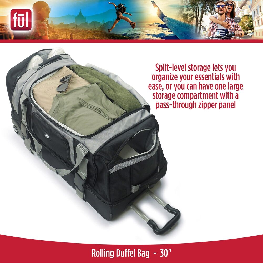 FUL Rig 30 Inch Rolling Duffel Bag, Travel Luggage with Wheels, 30", Black