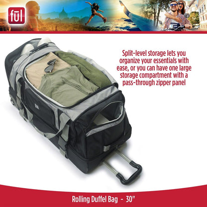 FUL Rig 30 Inch Rolling Duffel Bag, Travel Luggage with Wheels, 30", Black