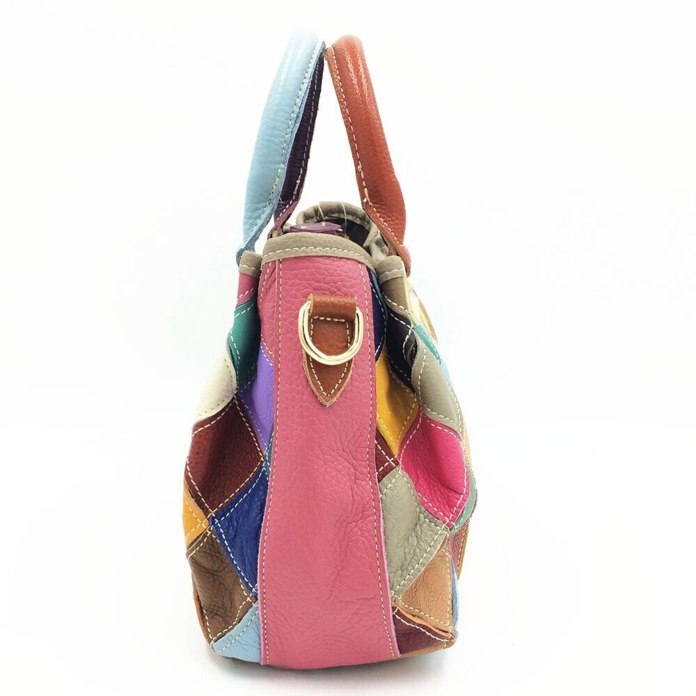 Designer Cow Leather Colorful random Patchwork Handbag Women's Tote Shoulder Bag