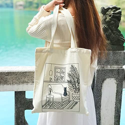 Kazova Cute Cat Cotton Canvas Tote Bag Minimalist Cactus Large, Art