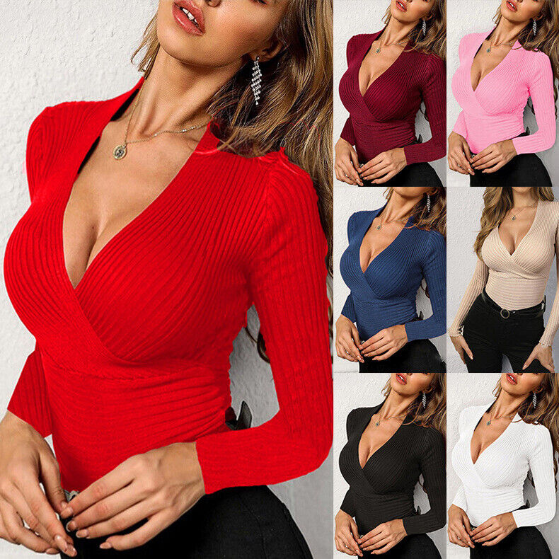 Sexy Women Low Cut V Neck Slim Fit Blouse Long Sleeve Cross Front T Shirt Tops
