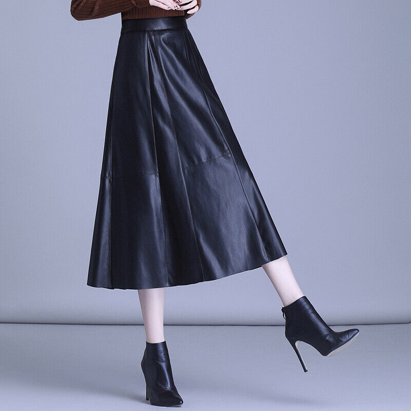 Leather Skirt Women's Skirt Medium Long Pleated Skirt High Waist Sheepskin Skirt