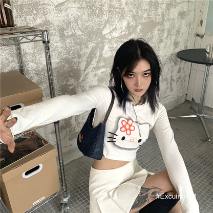 Hello Kitty cute Long Sleeved T Shirt Sexy Printed Round Neck Women Y2K Slim Top