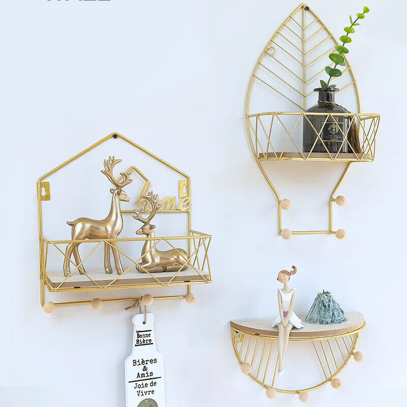 Wall Display Stands Iron+Wood Golden Home Hanging Decorations Storage Rack Hook