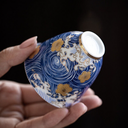 Ceramic Tea Cup Blue Gold Flower Set of 6 Chinese Kung Fu Tea Cups