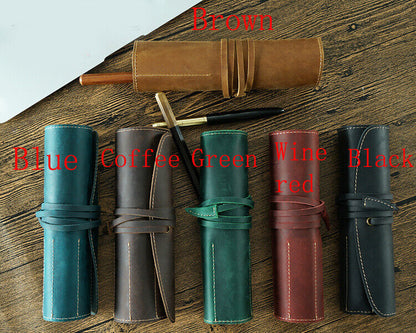 Handmade Cowhide Leather Pen Pouch Vintage Roll-up Pencil Case Bag Pen Curtain