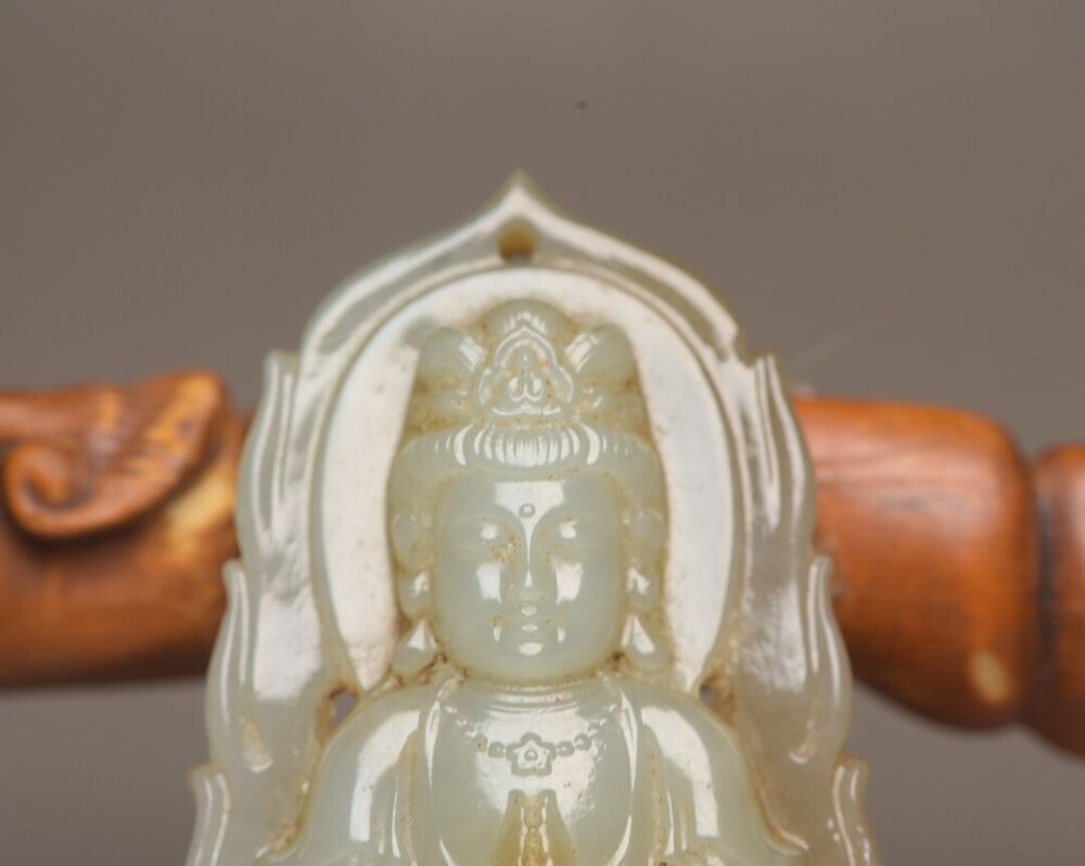 Chinese Natural Hetian Jade Carved Kwan Yin Statue Good Luck Pendant Amulets Art